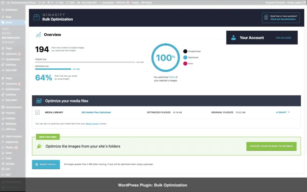 Écran d'optimisation en masse de l'extension WordPress Imagify avec taille d'origine, taille optimisée et pourcentage gagné