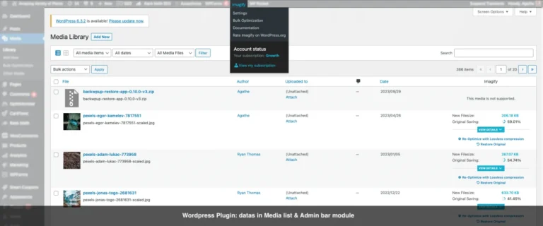 Médiathèque WordPress en vue liste avec la colonne Imagify indiquant nouveau poids, gain et options de restauration
