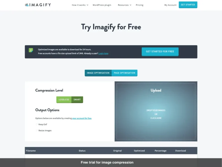 Application en ligne Imagify pour compresser des images par glisser-déposer avec choix Lossless ou Smart