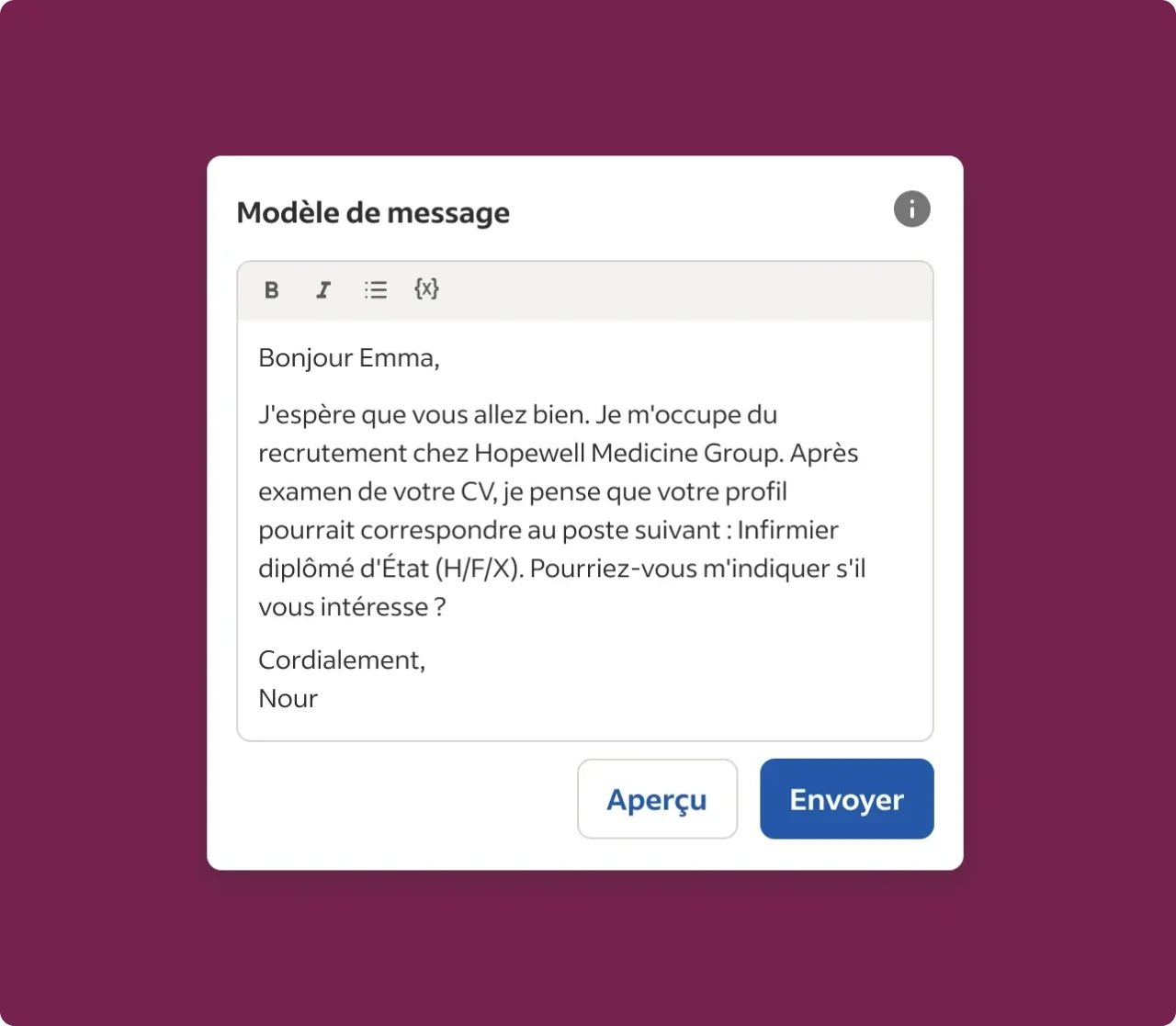 Modèle de message Smart Sourcing pour inviter un profil de la CVthèque à postuler à une offre d'infirmier