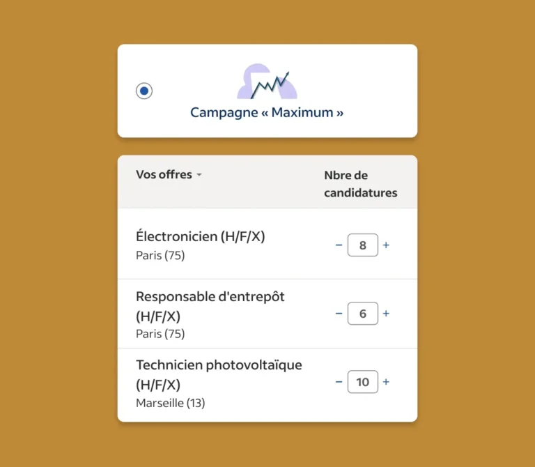Campagne Maximum dans Indeed Ads avec la liste des offres et le nombre de candidatures visé pour chacune