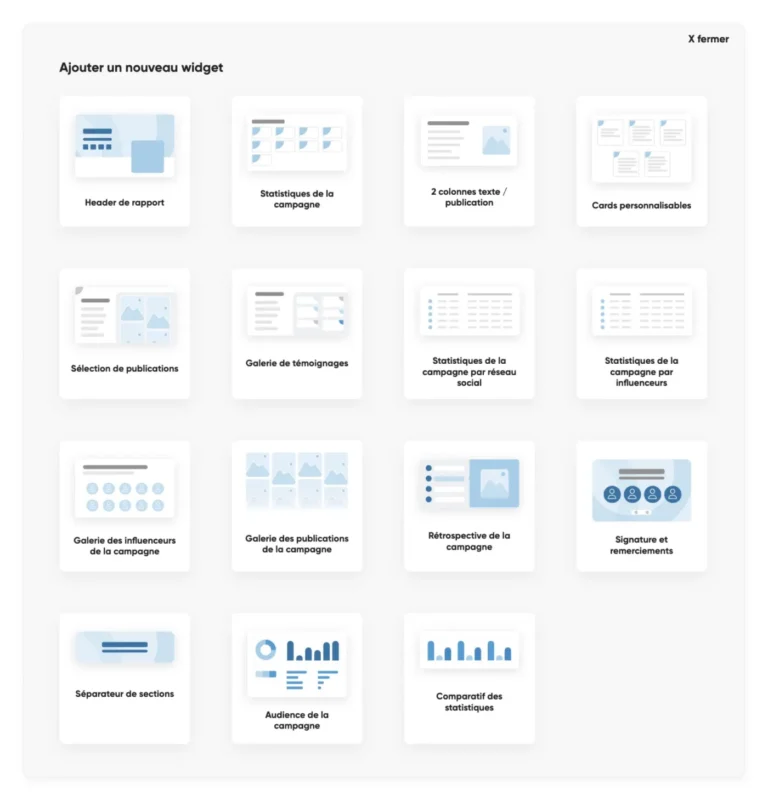 Choix des widgets d'un bilan de campagne Influence4You : statistiques, galeries, audience et comparatifs
