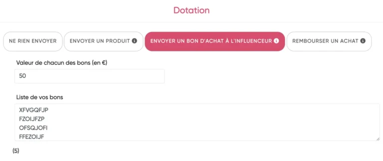 Écran Dotation d'une campagne Marketplace : choix entre produit, bon d'achat ou remboursement d'un achat