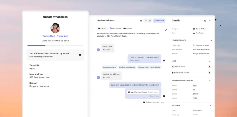 Ticket de changement d'adresse dans Intercom : formulaire côté client et ticket avec type, attributs et agent assigné côté équipe