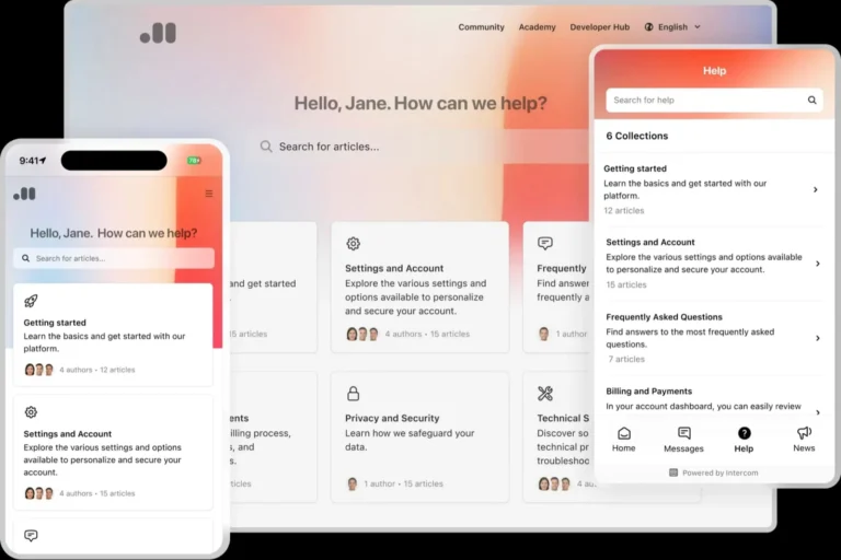 Centre d'aide créé avec Intercom, affiché sur ordinateur, sur mobile et dans le Messenger avec ses collections d'articles