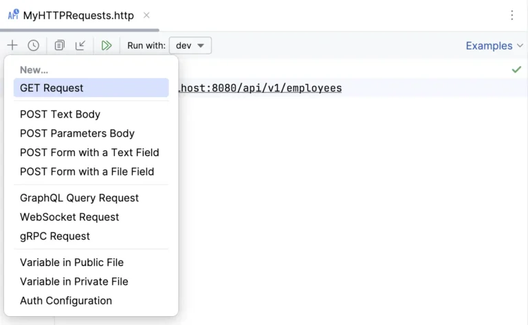 Client HTTP d'IntelliJ IDEA avec menu de création de requêtes GET, POST, GraphQL, WebSocket et gRPC
