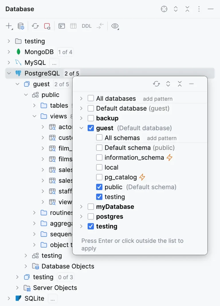 Panneau Database d'IntelliJ IDEA listant des sources MongoDB, MySQL, PostgreSQL et SQLite avec filtre de schémas