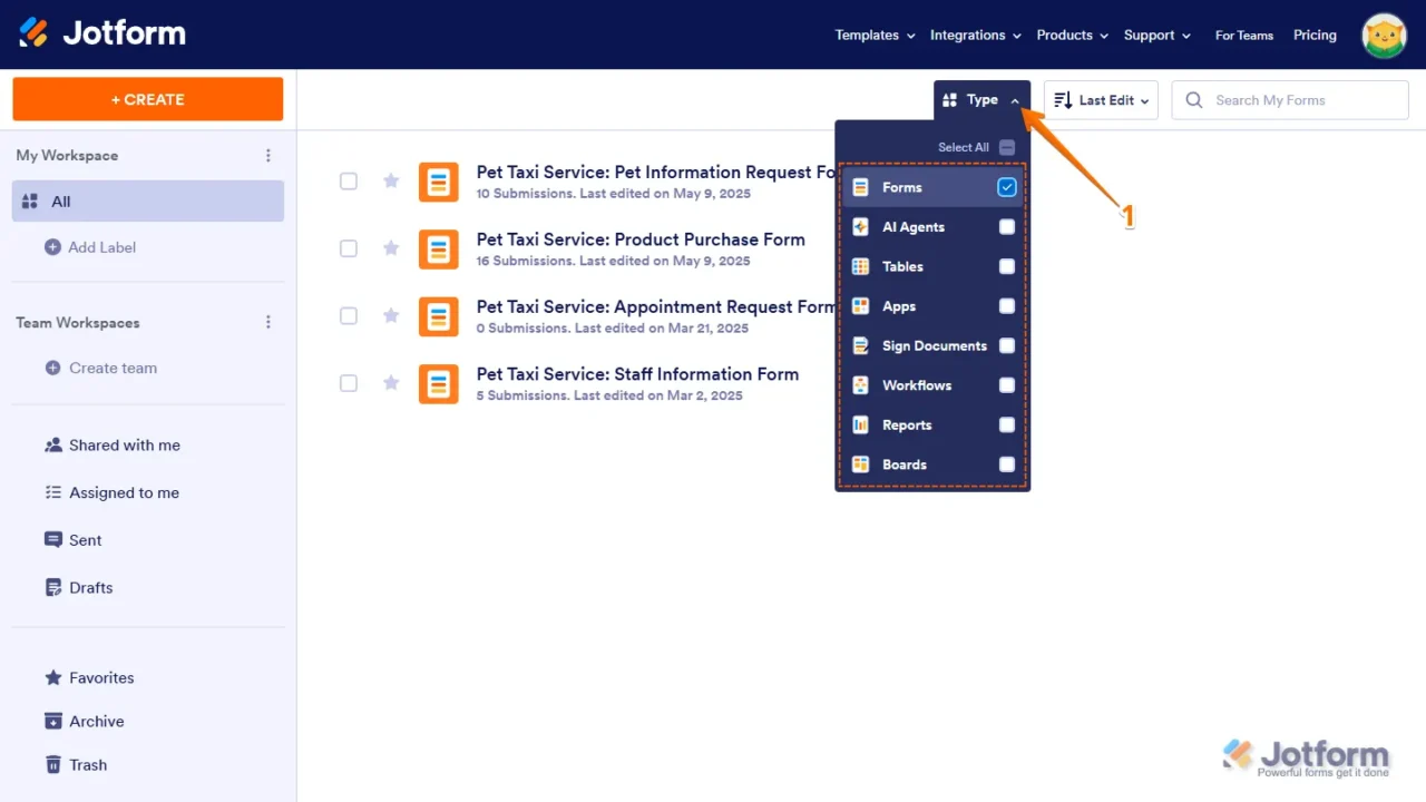 Espace de travail Jotform avec la liste des formulaires et le filtre par type : formulaires, agents IA, tableaux, applis, documents à signer