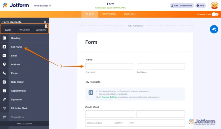 Générateur de formulaires Jotform avec le panneau des éléments de base, paiements et widgets à glisser dans le formulaire