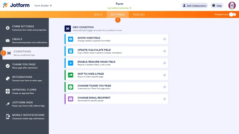 Paramètres de conditions Jotform avec les types de règles : afficher ou masquer, calculer, sauter une page, changer de destinataire