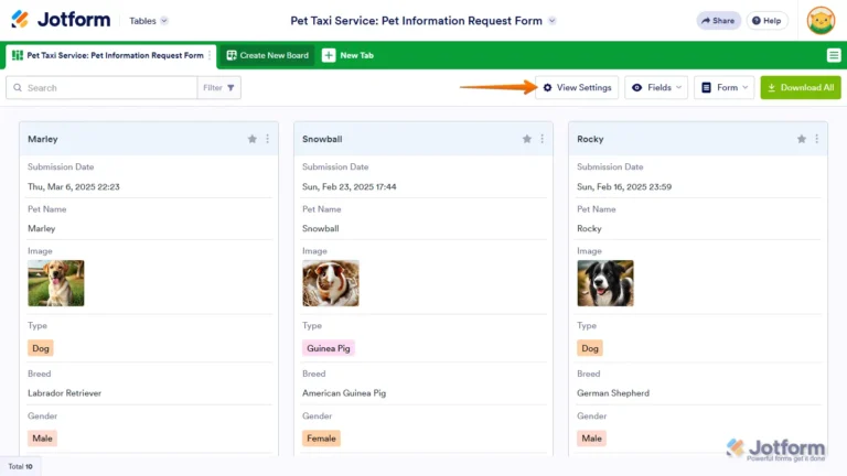 Jotform Tables en vue cartes avec les soumissions d'un formulaire, filtre, réglages de vue et bouton de téléchargement