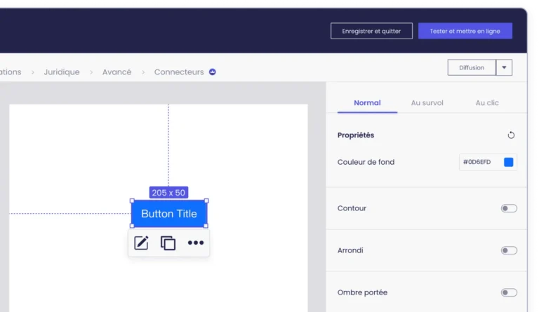 Éditeur de jeu Kimple : bouton sélectionné sur la page et panneau de propriétés avec couleur de fond, contour, arrondi et ombre