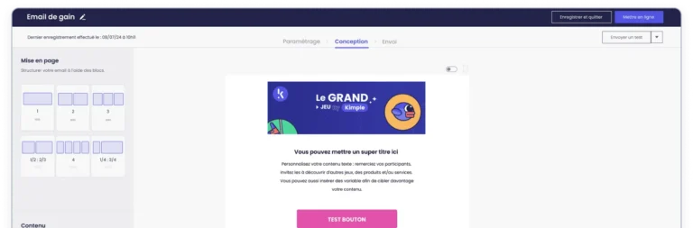 Éditeur de campagne e-mail Kimple : choix de la mise en page par blocs et aperçu d'un e-mail de gain