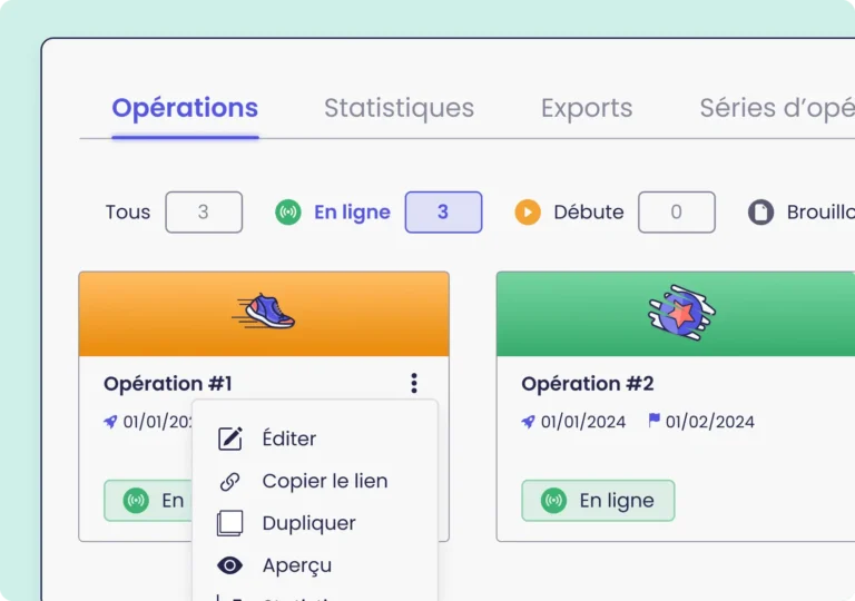 Liste des opérations dans Kimple avec filtres par statut et menu éditer, copier le lien, dupliquer et aperçu