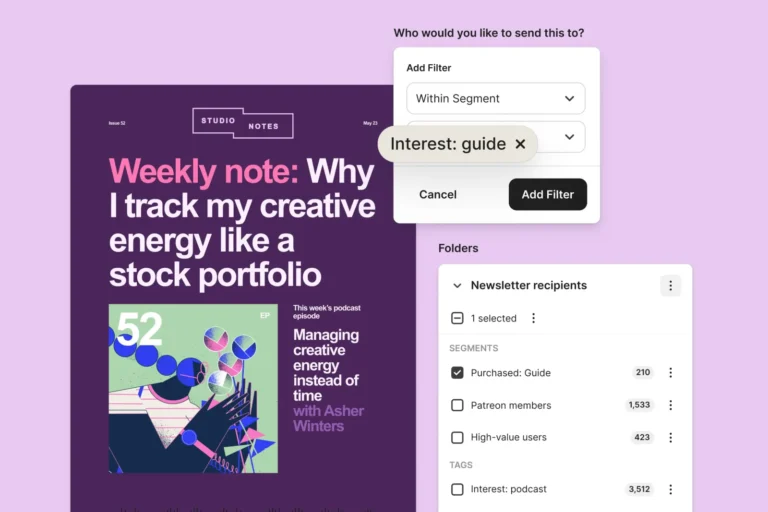 Choix des destinataires d'une newsletter dans Kit avec filtre par segment, dossiers, segments et tags d'abonnés