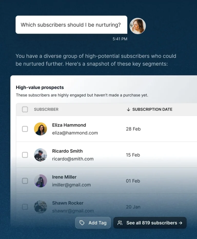Assistant conversationnel de Kit Pro listant des abonnés très engagés sans achat, avec boutons Add Tag et See all