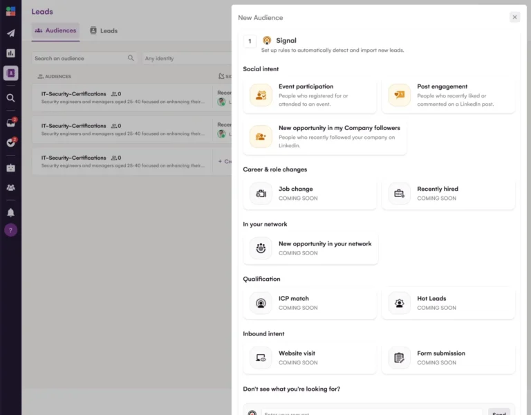 Création d'une audience par signal dans La Growth Machine : participation à un événement, engagement sur un post, abonnés