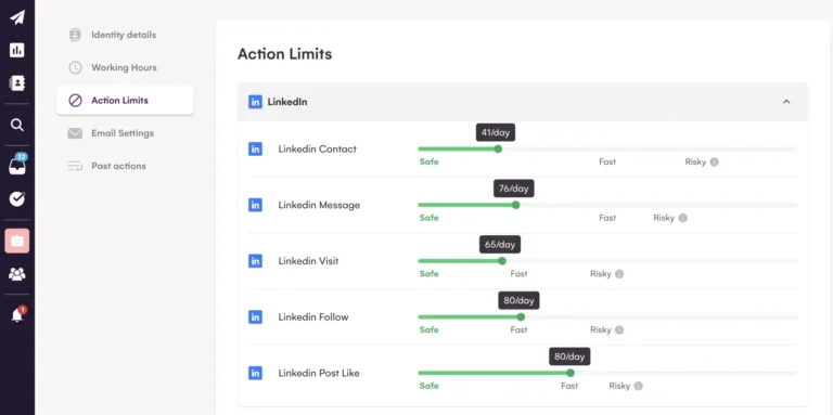Réglage des limites d'actions LinkedIn d'une identité : invitations, messages, visites, suivis et likes par jour