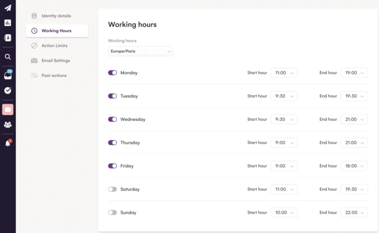 Horaires d'activité d'une identité dans La Growth Machine : fuseau Europe/Paris et plages horaires jour par jour