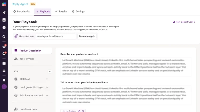 Playbook du Reply Agent généré depuis le site web : description du produit, proposition de valeur et profils ICP