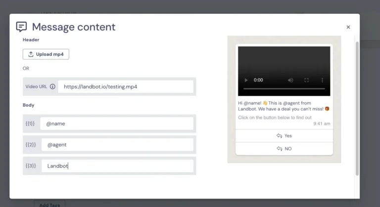 Création du contenu d'un message de campagne WhatsApp avec vidéo, variables et aperçu dans Landbot