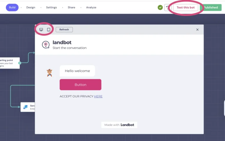 Fenêtre de test d'un bot Landbot ouverte depuis l'éditeur, avec bascule ordinateur ou mobile