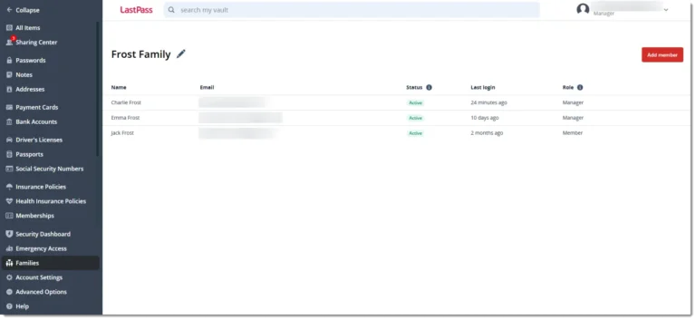 Tableau de bord de gestion LastPass Families avec membres, statut, dernière connexion et rôle
