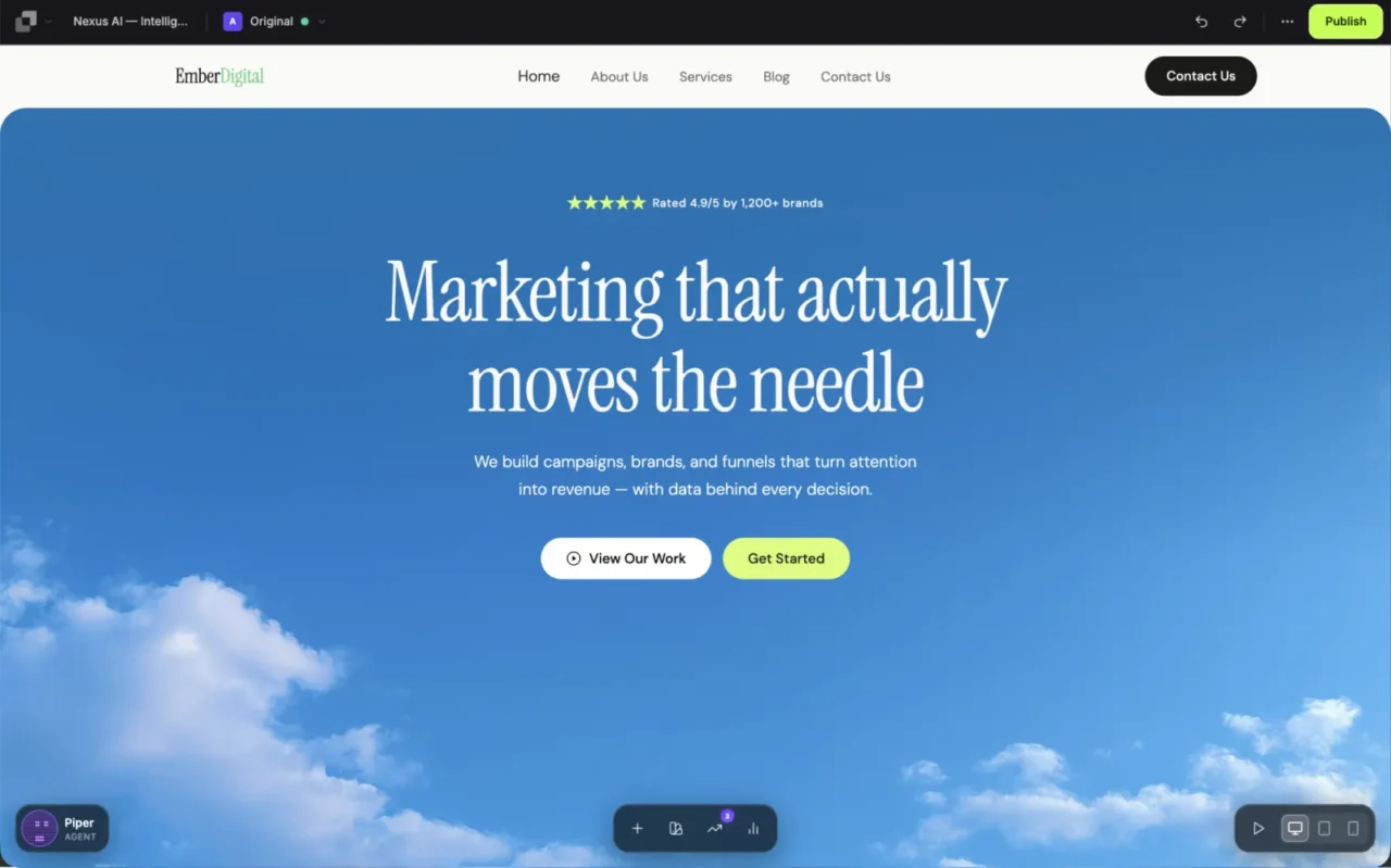Éditeur Leadpages avec une page d'accueil ouverte, l'agent IA Piper, la barre d'outils et le bouton de publication