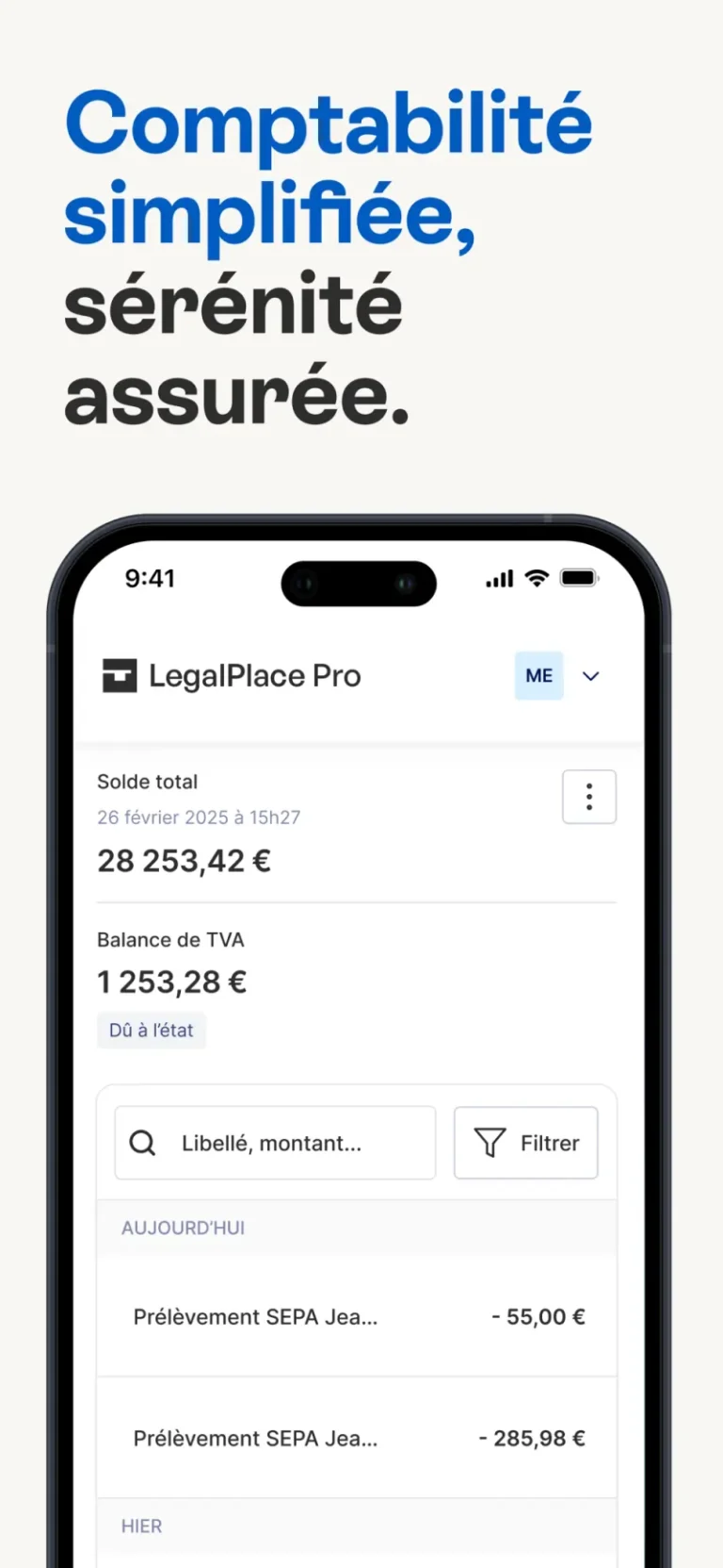 Écran d'accueil de l'application LegalPlace Pro sur iPhone avec solde total, TVA due et derniers prélèvements