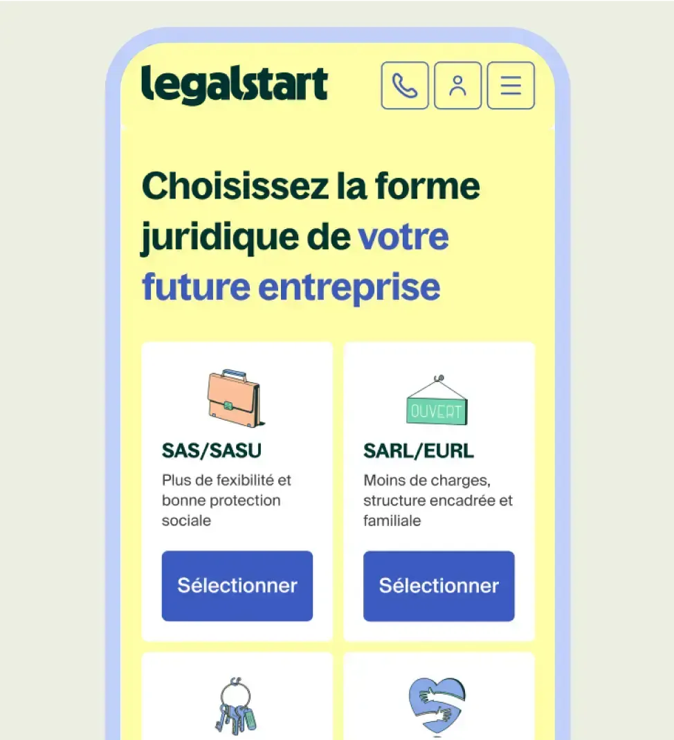 Écran mobile Legalstart de choix de la forme juridique, avec les cartes SAS/SASU et SARL/EURL et leur bouton Sélectionner