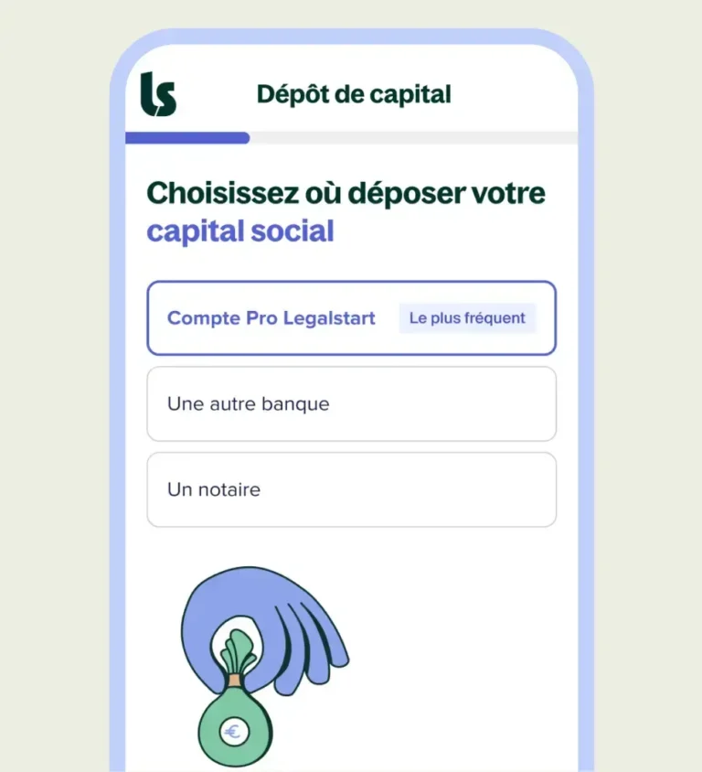 Étape Dépôt de capital du questionnaire Legalstart proposant le Compte Pro Legalstart, une autre banque ou un notaire