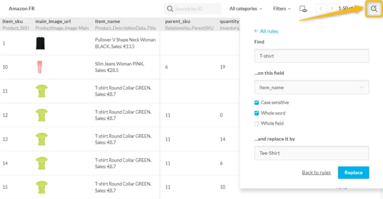 Aperçu du flux sortant Lengow pour Amazon FR avec l'outil rechercher et remplacer ouvert