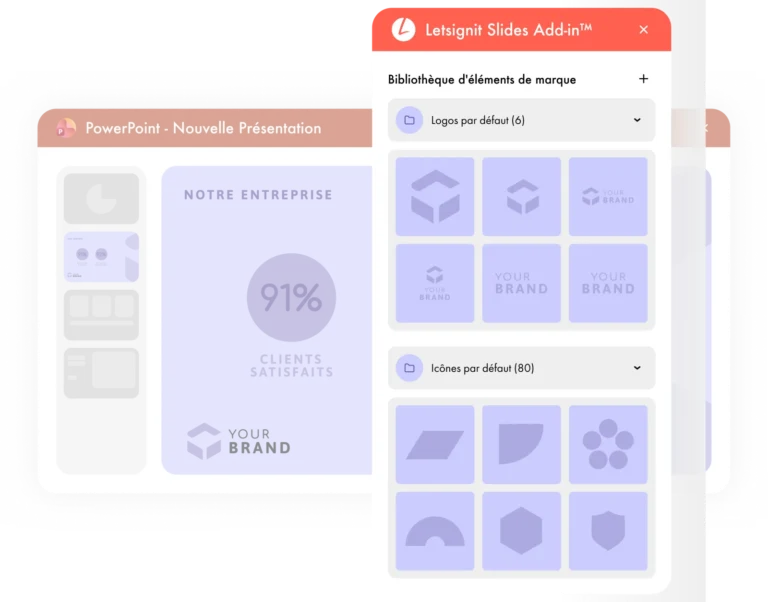 Add-in Letsignit Slides ouvert dans PowerPoint avec la bibliothèque de logos et d'icônes de la marque