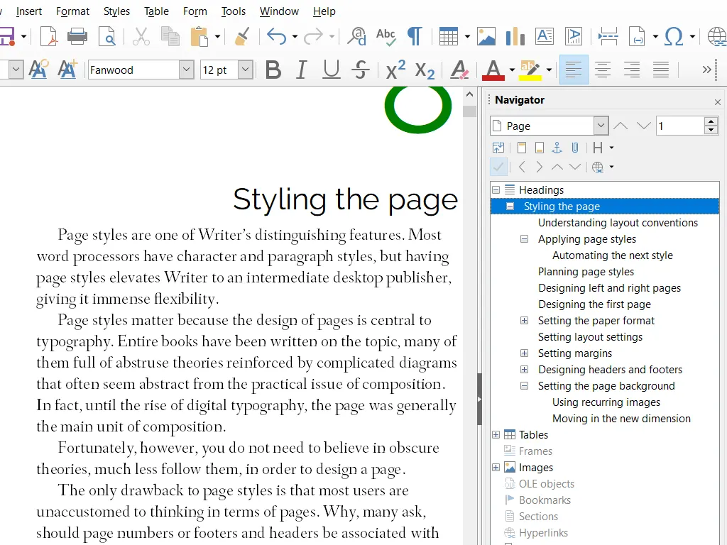 Document dans LibreOffice Writer avec barres d'outils de mise en forme et panneau Navigateur listant les titres du texte