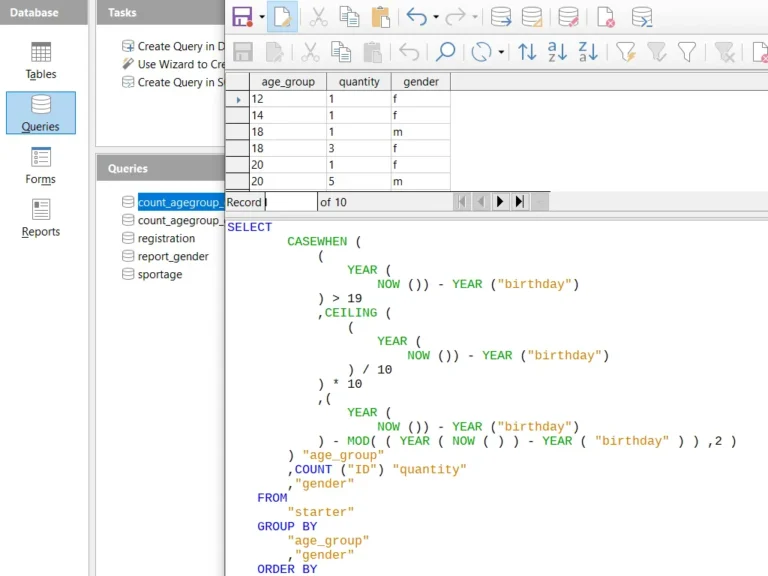 Requête SQL dans LibreOffice Base avec le résultat affiché en tableau au-dessus du code de la requête
