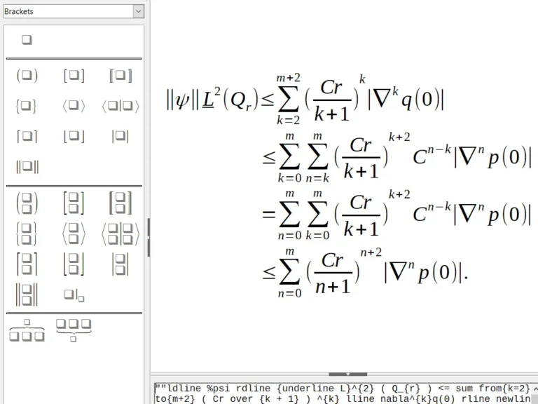 Éditeur de formules LibreOffice Math avec palette de parenthèses et formule mathématique sur plusieurs lignes