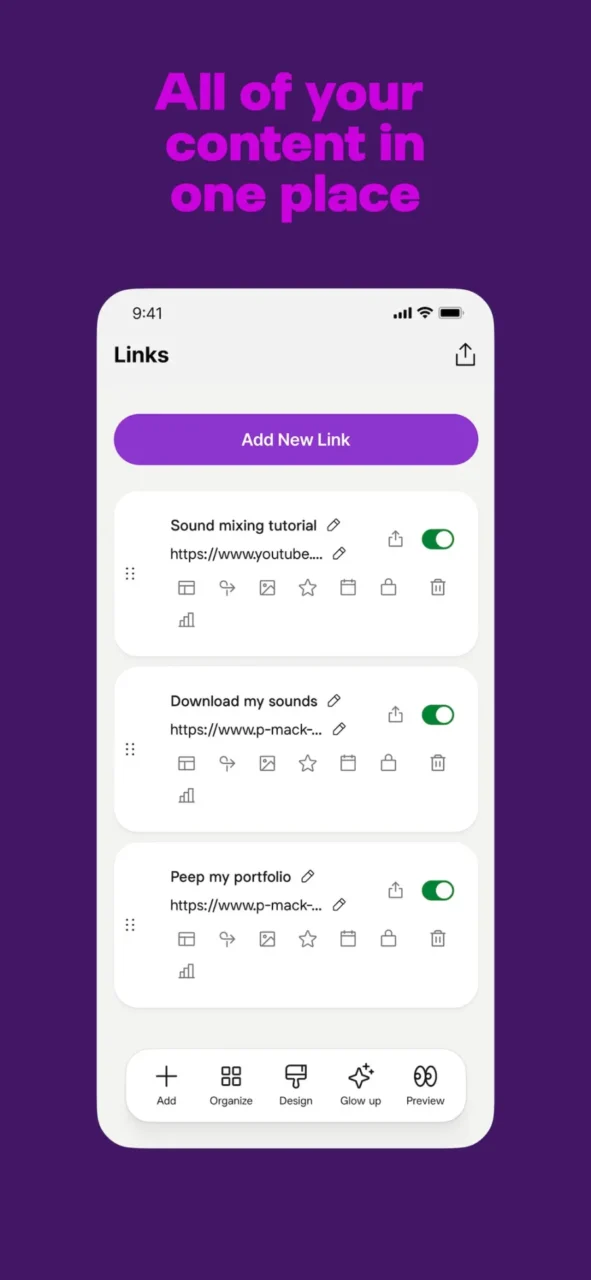 Écran Links de l'application mobile Linktree avec la liste des liens, leurs options et le bouton Add New Link