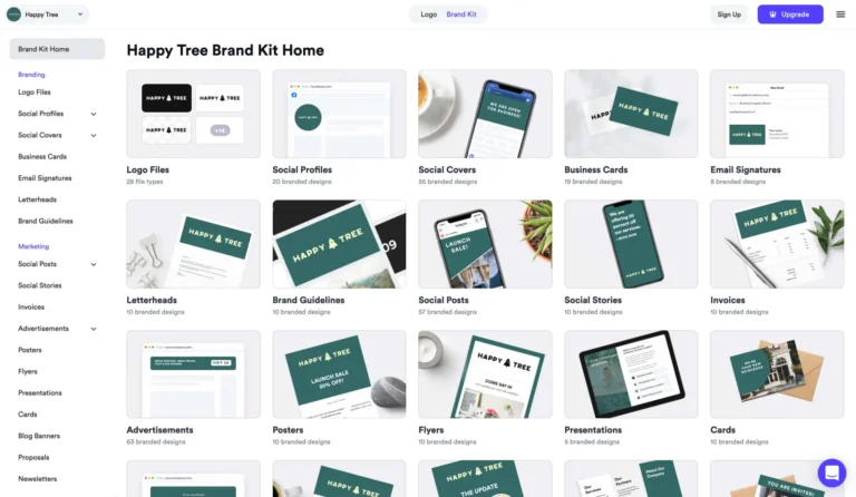 Accueil du Brand Kit Looka listant fichiers de logo, profils sociaux, cartes de visite, signatures et factures