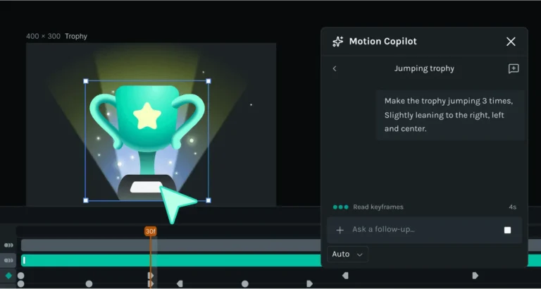 Panneau Motion Copilot de Lottie Creator générant les images clés d'un trophée à partir d'une consigne