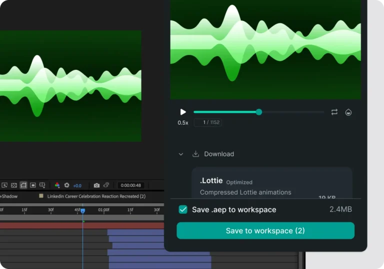Plugin LottieFiles pour After Effects avec aperçu, choix du format .lottie et enregistrement dans l'espace