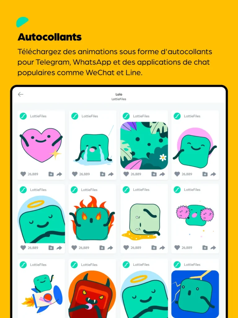 Application LottieFiles sur iPad en français affichant une collection d'animations à télécharger en autocollants