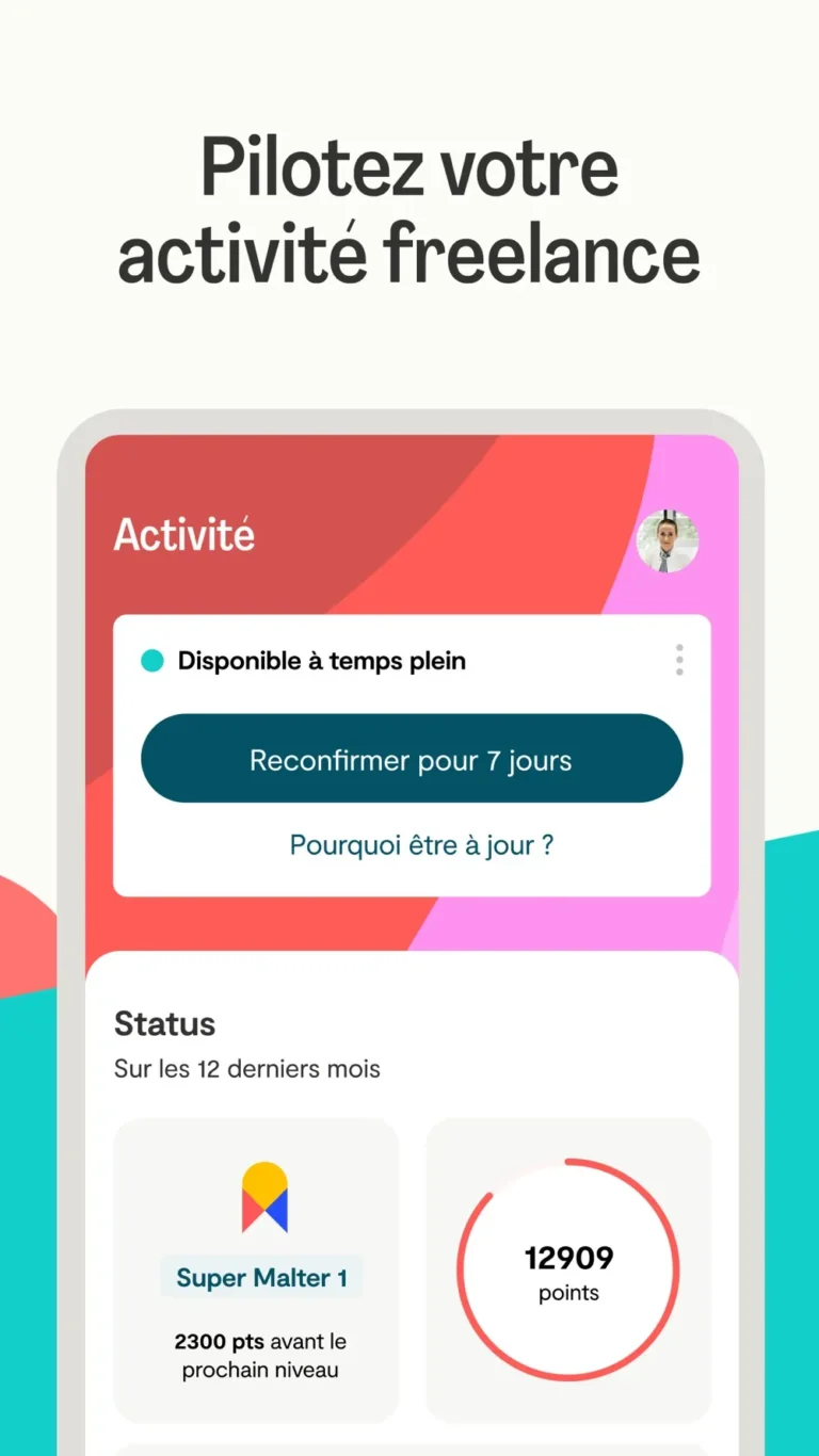 Écran Activité de l'application mobile Malt Freelance avec disponibilité à reconfirmer et statut Super Malter