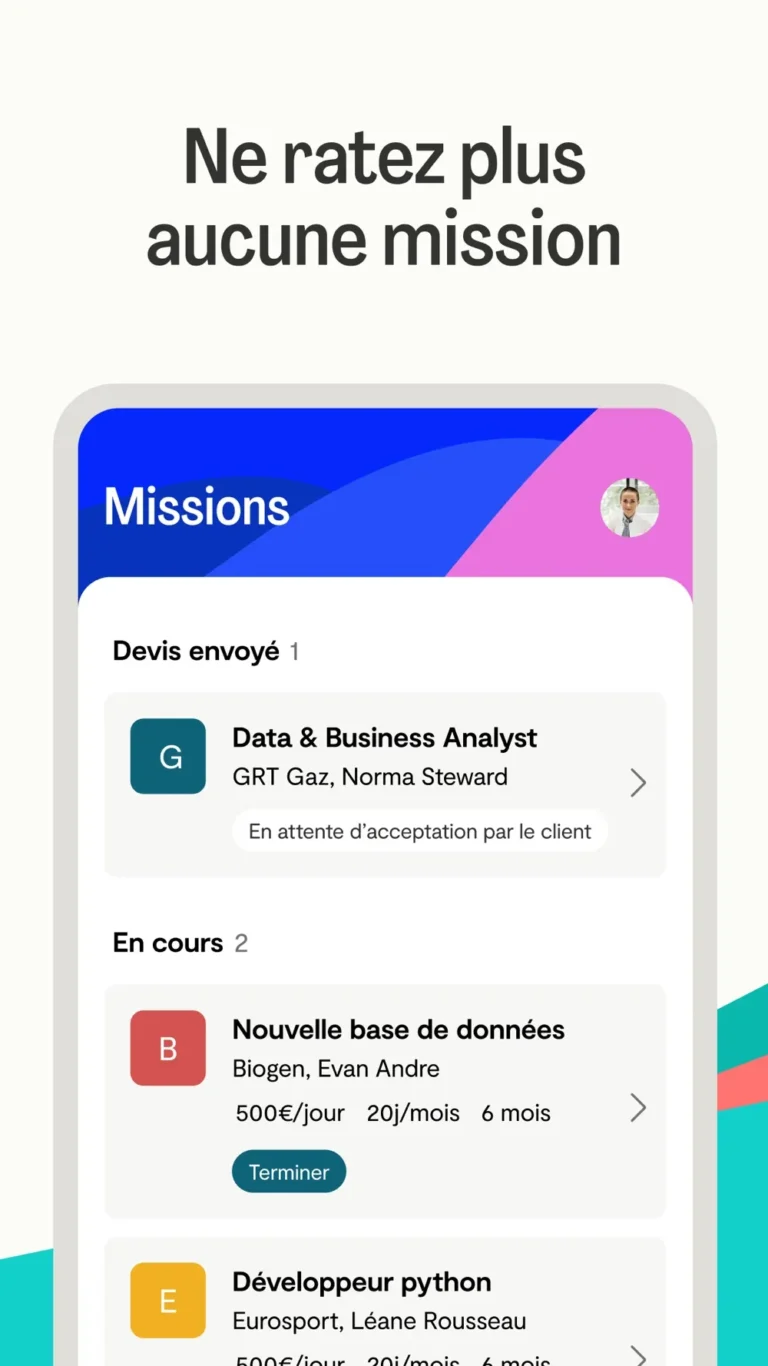 Écran Missions de l'application mobile Malt Freelance listant un devis envoyé et deux missions en cours avec tarif jour