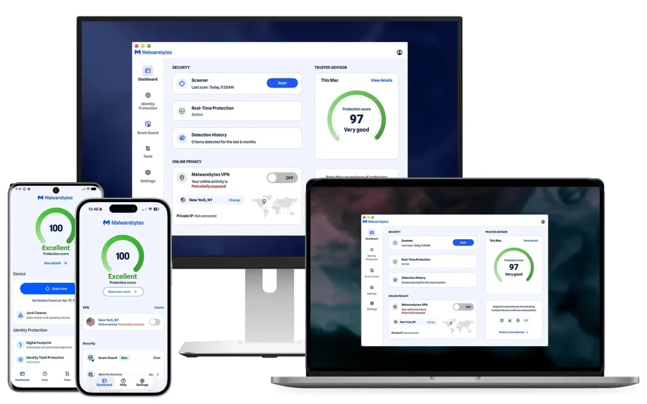 Tableau de bord Malwarebytes sur ordinateur et smartphones avec scanner, protection en temps réel, VPN et score de protection