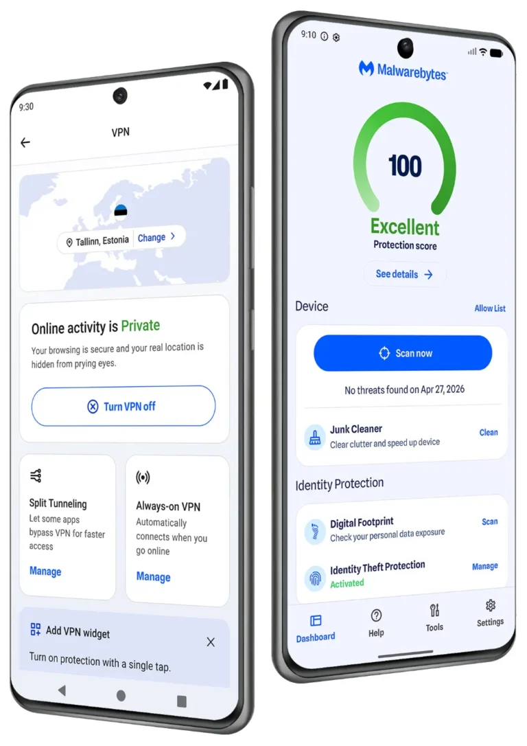 Application Malwarebytes sur Android avec écran Privacy VPN connecté et tableau de bord avec score de protection et bouton d'analyse