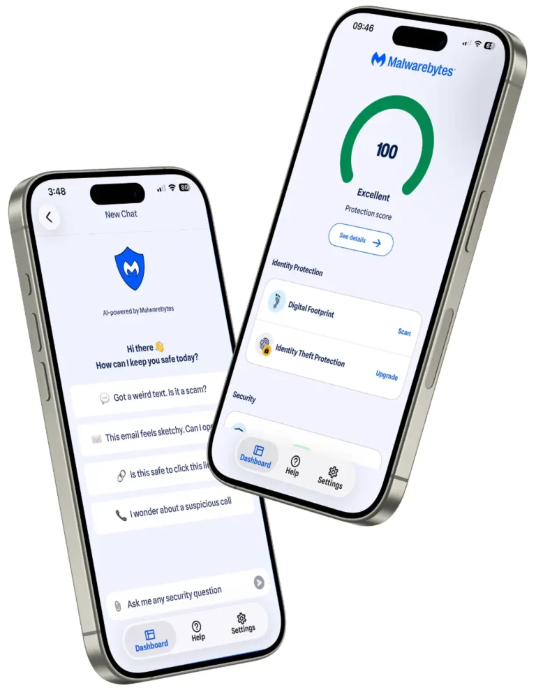 Application Malwarebytes sur iPhone avec la conversation Scam Guard et le tableau de bord de protection
