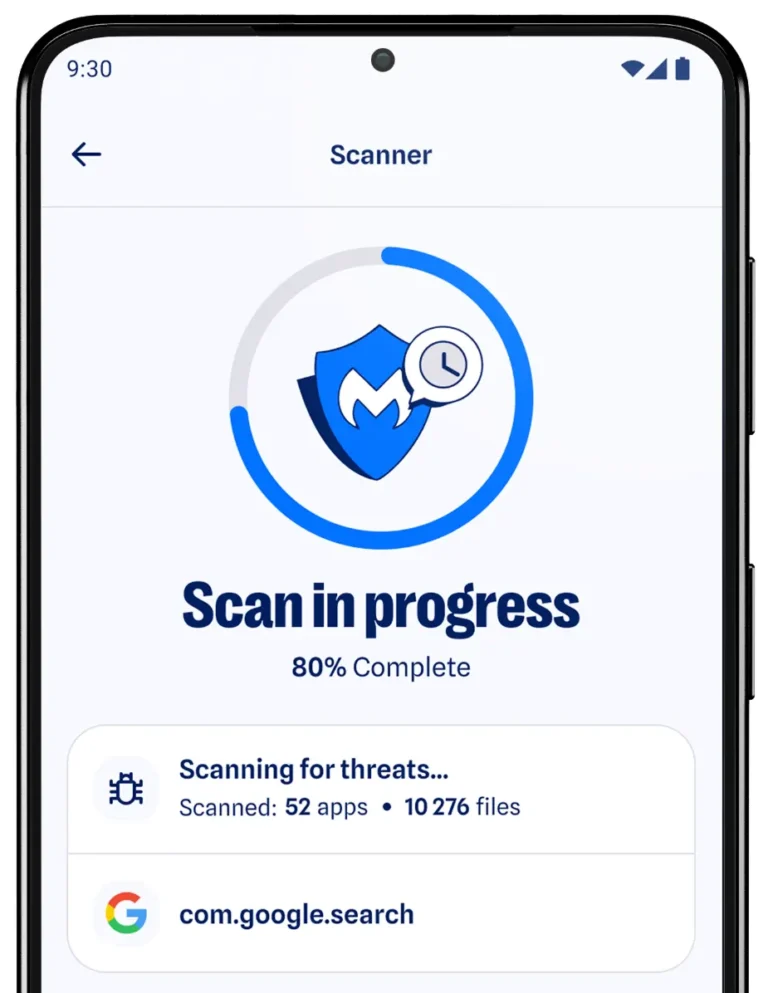 Analyse en cours dans Malwarebytes pour Android avec progression et nombre d'applications et de fichiers examinés