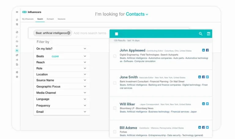 Recherche de journalistes dans la base médias Meltwater, filtrée par thématique, rôle, lieu et langue