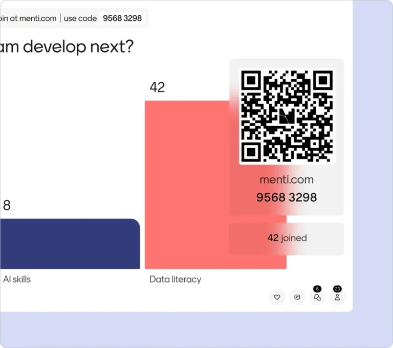 Résultats en direct d'un sondage Mentimeter avec le code d'accès menti.com, un QR code et le nombre de participants connectés