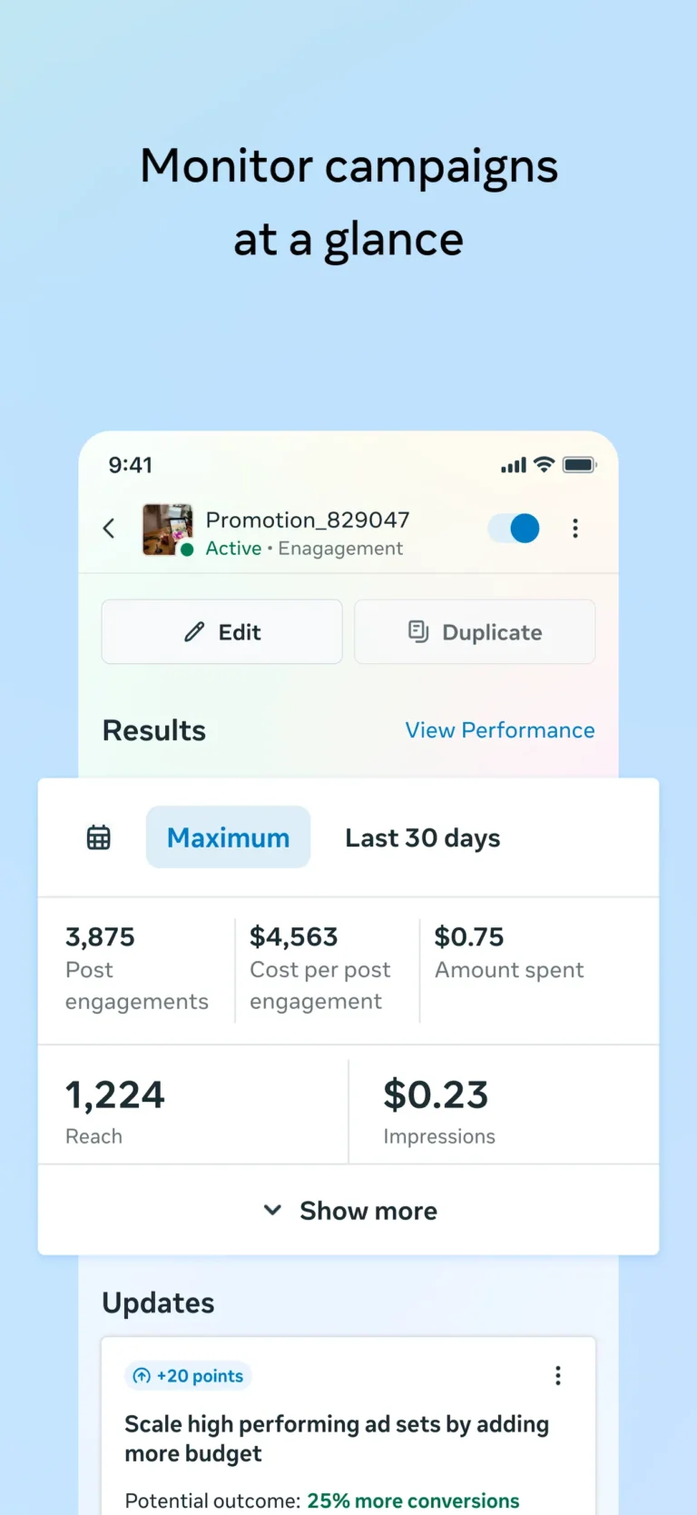 Détail d’une campagne dans l’application Meta Ads Manager avec interactions, couverture et recommandation de budget